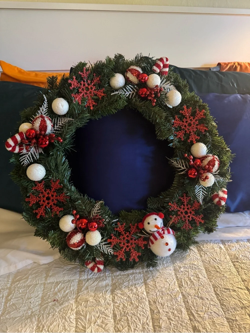Festive Snowman Holiday Wreath in Green, Red & White